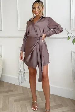 Taupe Satin Wrap Long Sleeve Mini Dress