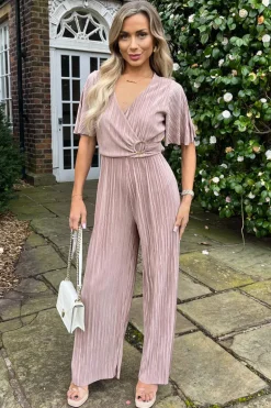 Taupe Wrap Top Short Sleeve Plisse Jumpsuit