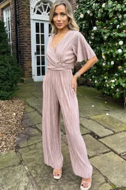Taupe Wrap Top Short Sleeve Plisse Jumpsuit