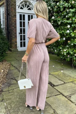Taupe Wrap Top Short Sleeve Plisse Jumpsuit