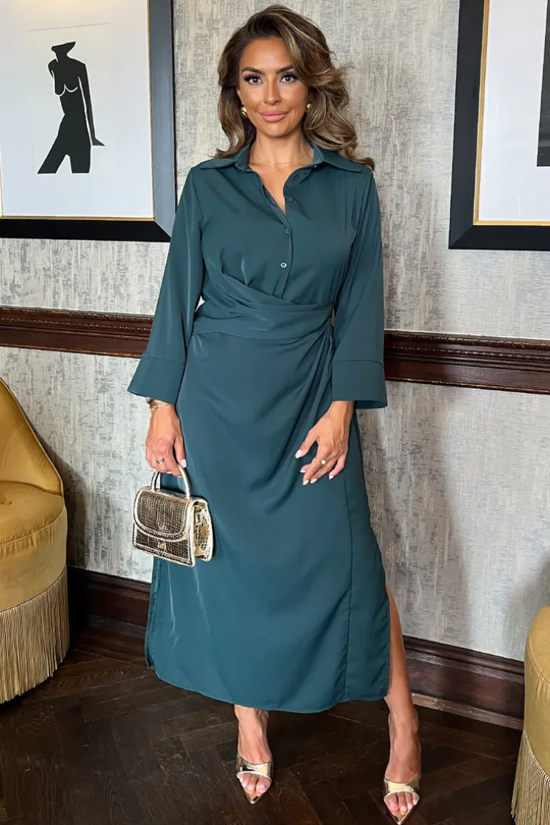 Teal 3/4 Sleeves Gathered Waist Shirt Midi Dress
