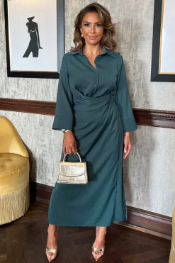 Teal 3/4 Sleeves Gathered Waist Shirt Midi Dress