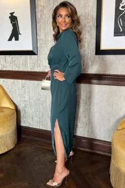 Teal 3/4 Sleeves Gathered Waist Shirt Midi Dress