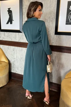 Teal 3/4 Sleeves Gathered Waist Shirt Midi Dress