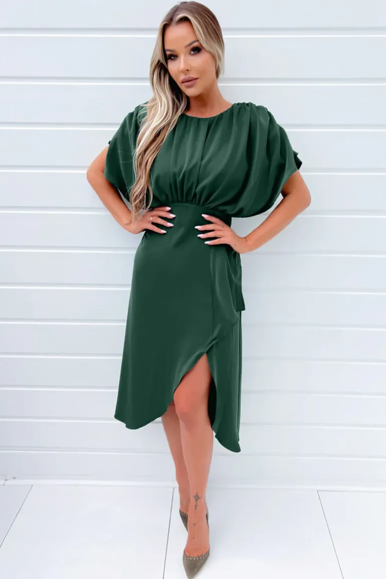 Teal Batwing Gathered Top Midi Dress