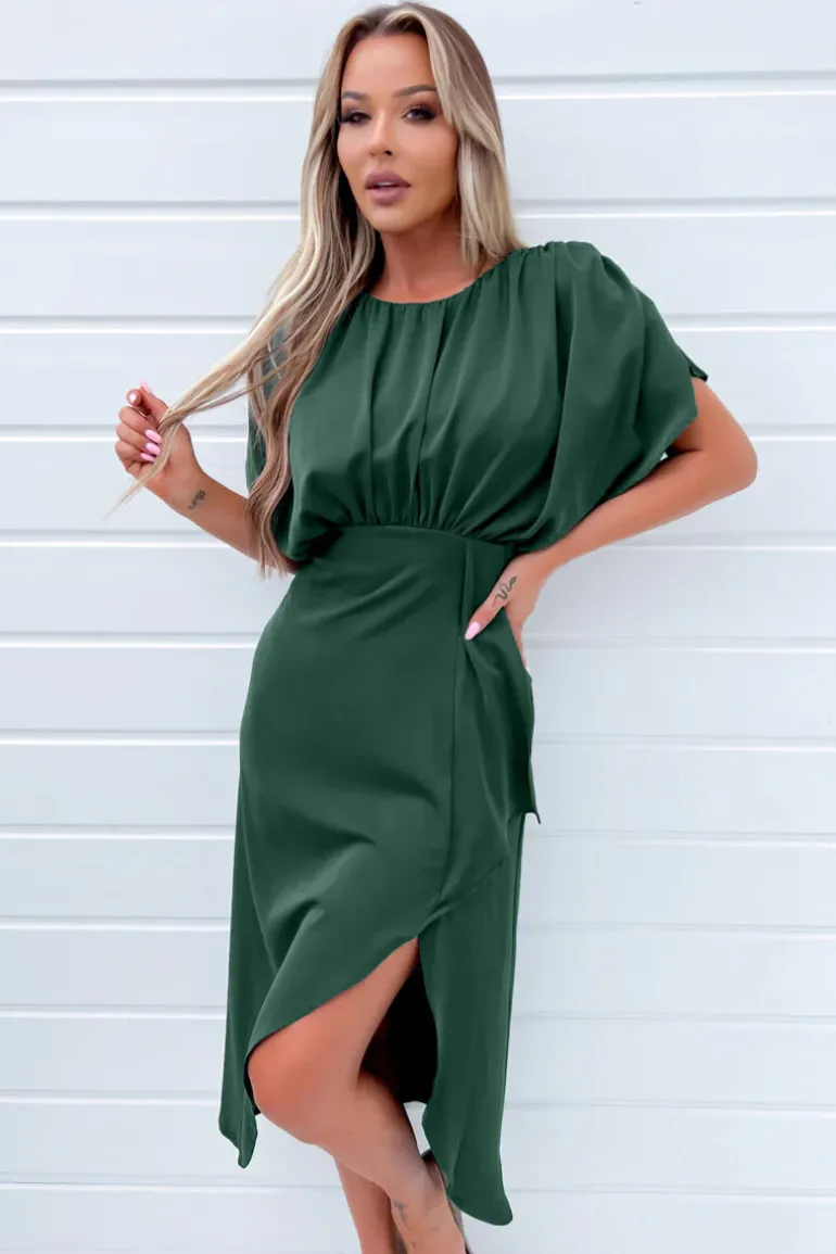 Teal Batwing Gathered Top Midi Dress