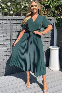Teal Belted Pleated Skirt Midi Dress