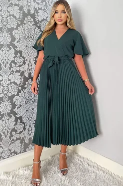 Teal Belted Pleated Skirt Midi Dress