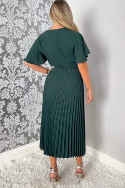Teal Belted Pleated Skirt Midi Dress