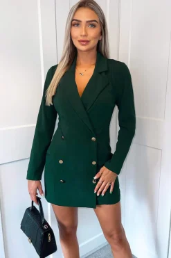 Teal Button Front Long Sleeve Blazer Dress