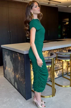 Teal Draped Top Ruched Midi Dress