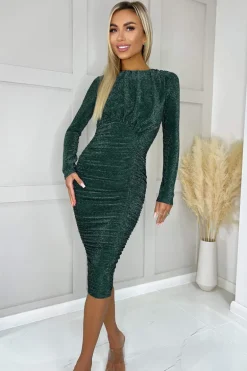 Teal Glitter Long Sleeve Ruched Bodycon Dress