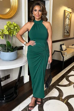 Teal Halter Neck Knot Skirt Midi Dress