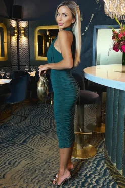 Teal Halter Neck Ruched Bodycon Midi Dress