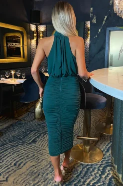 Teal Halter Neck Ruched Bodycon Midi Dress