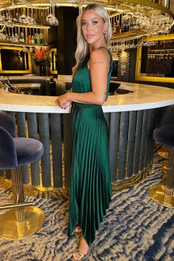 Teal Halter Neck Zig Zag Hem Pleated Midi Dress