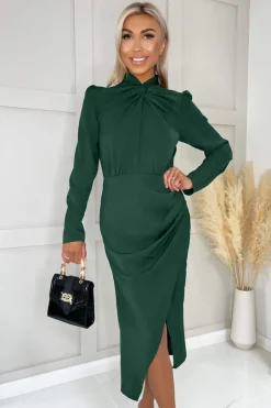 Teal High Knot Neck Wrap Midi Dress