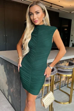Teal High Neck Bodycon Ruched Mesh Mini Dress