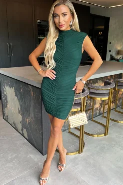 Teal High Neck Bodycon Ruched Mesh Mini Dress
