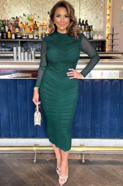 Teal High Neck Long Sleeve Ruched Bodycon Mesh Midi Dress