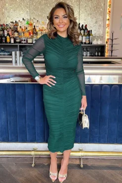 Teal High Neck Long Sleeve Ruched Bodycon Mesh Midi Dress