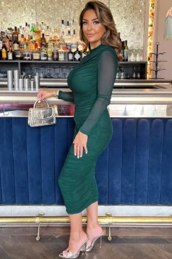 Teal High Neck Long Sleeve Ruched Bodycon Mesh Midi Dress