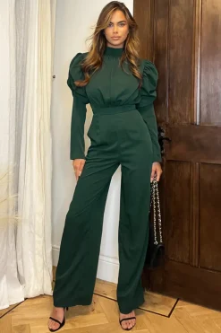 Teal High Neck Puff Sleeve Jumpsuit
