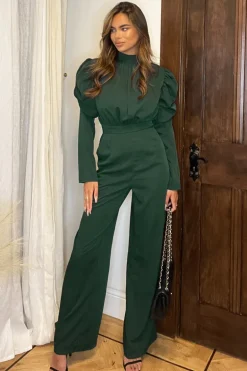 Teal High Neck Puff Sleeve Jumpsuit