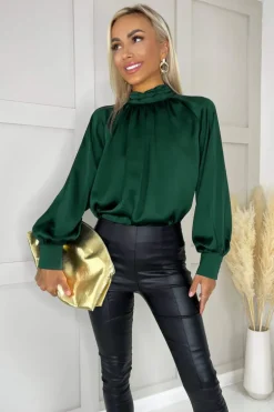 Teal High Neck Satin Long Sleeve Top