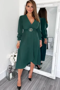 Teal Long Sleeve Belted Midi Dress