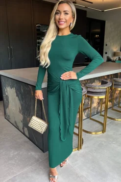 Teal Long Sleeve Sash Bodycon Midi Dress
