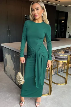 Teal Long Sleeve Sash Bodycon Midi Dress