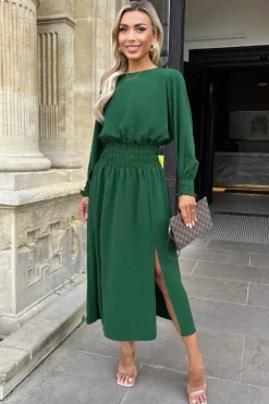 Teal Long Sleeve Shirred Detail Midi Dress