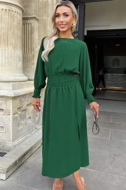 Teal Long Sleeve Shirred Detail Midi Dress