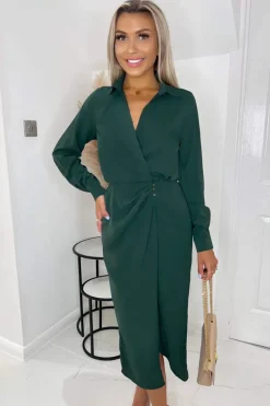 Teal Long Sleeve Side Ruched Wrap Over Midi Dress
