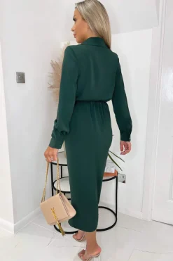 Teal Long Sleeve Side Ruched Wrap Over Midi Dress