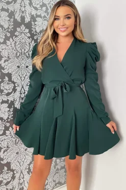 Teal Long Sleeve Tie Waist Skater Dress