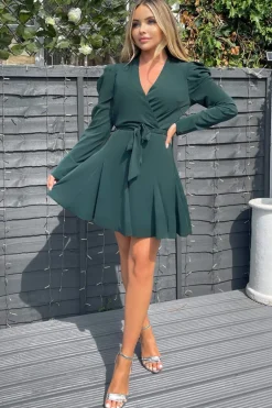 Teal Long Sleeve Tie Waist Skater Dress