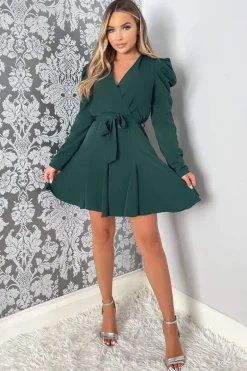 Teal Long Sleeve Tie Waist Skater Dress