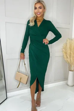 Teal Long Sleeve Wrap Midi Dress