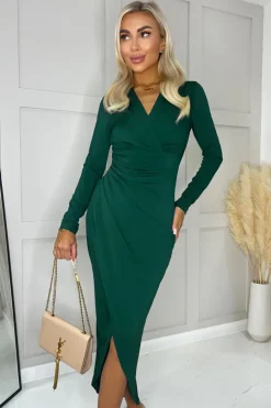 Teal Long Sleeve Wrap Midi Dress