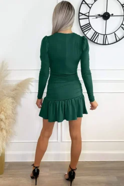Teal Long Sleeve Wrap Top Ruched Mini Dress