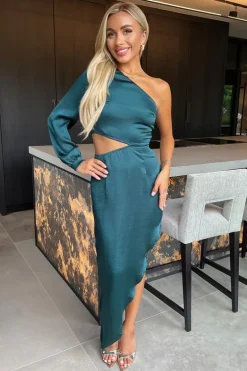 Teal One Shoulder Asymmetric Hem Cut Out Midi Dress