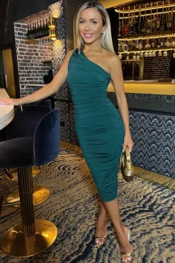 Teal One Shoulder Bodycon Ruched Midi Dress