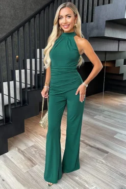 Teal Pleated Halter Neck Draped Waist Detail Jumpsuit