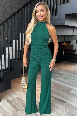 Teal Pleated Halter Neck Draped Waist Detail Jumpsuit