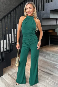 Teal Pleated Halter Neck Draped Waist Detail Jumpsuit