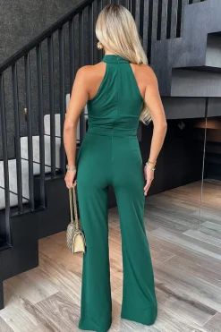 Teal Pleated Halter Neck Draped Waist Detail Jumpsuit