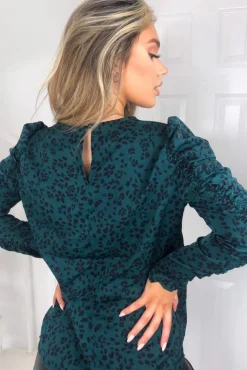 Teal Printed Ruched Long Sleeve Top