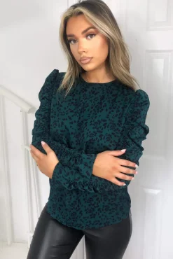Teal Printed Ruched Long Sleeve Top
